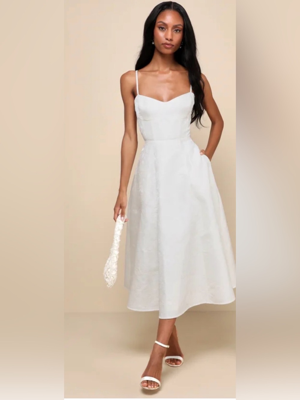 Lulus Meet for Tea White Jacquard Bustier Midi Dress With Pockets Sz M